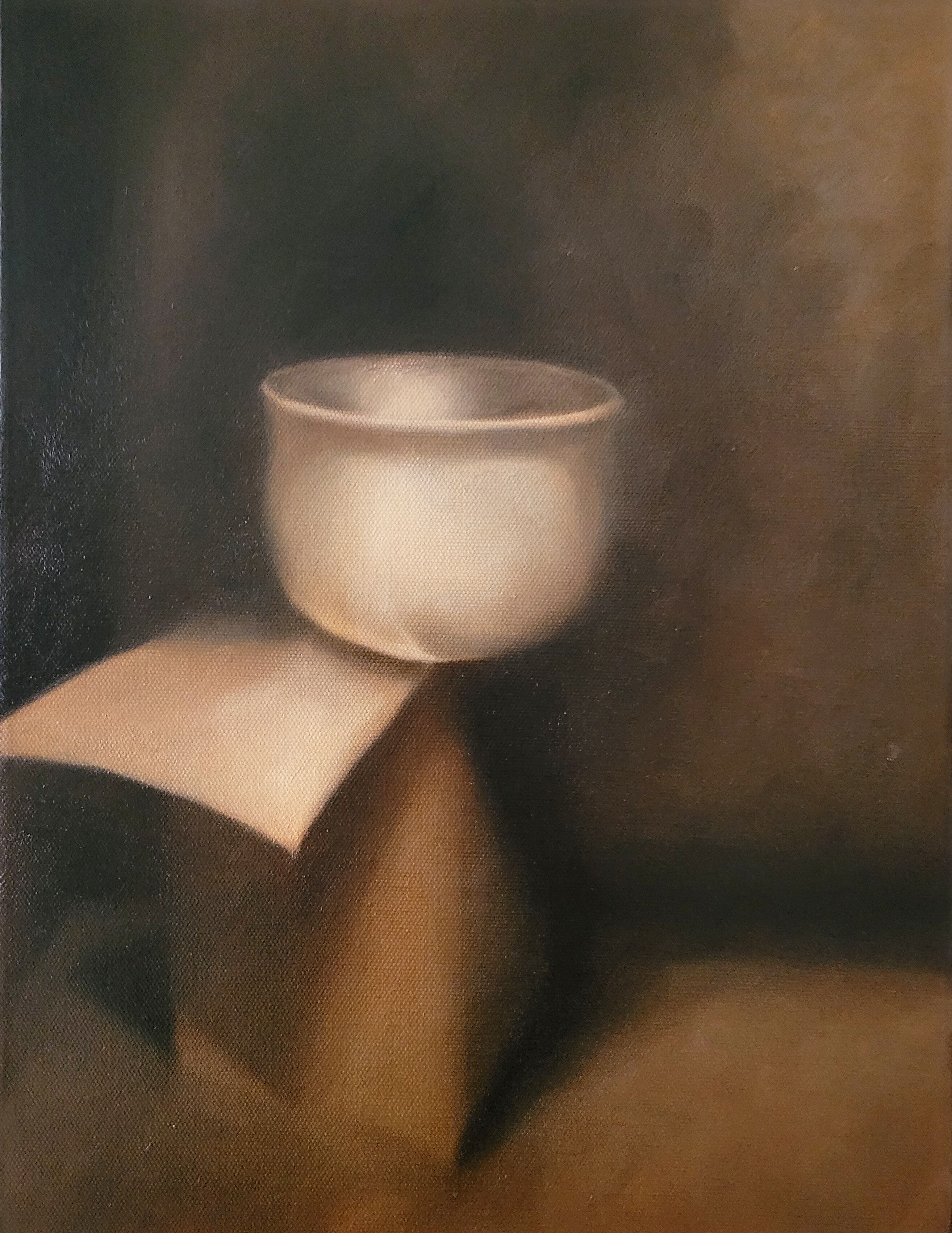 A moody and mysterious Still Life painting of a bowl on a box