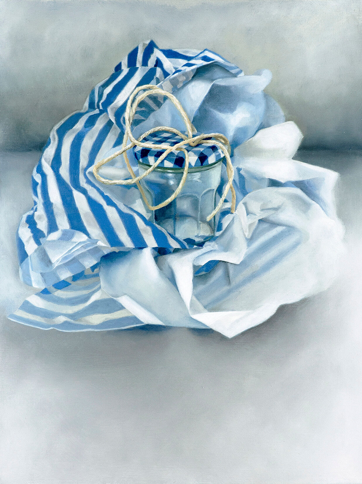 _Consumed Still Life oil painting by Cally lotz. Empty Jam jar unwrapped in blue striped wrapping paper and string.striped wra