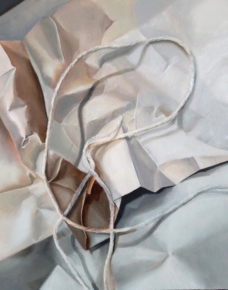 What Happened After. White wrapping paper and string, opened. Still Life oil on aluminium artwork by Cally Lotz