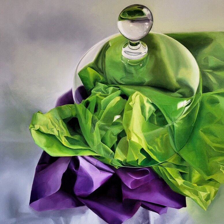 Still Life painting of unwrapped green and purple tissue paper under a glass cloche - artwork by Cally Lotz