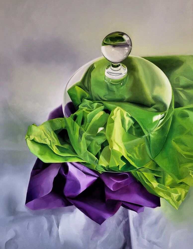 Still Life painting of unwrapped green and purple tissue paper under a glass cloche - artwork by Cally Lotz